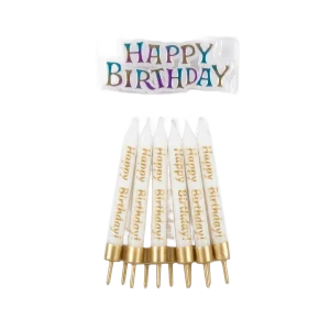 Velas para cumpleaños blancas y dorado Happy Birthday Pack 12